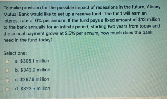 To make provision for the possible impact of recessions in the future, Albany Mutual Bank would like to set up a reserve fund