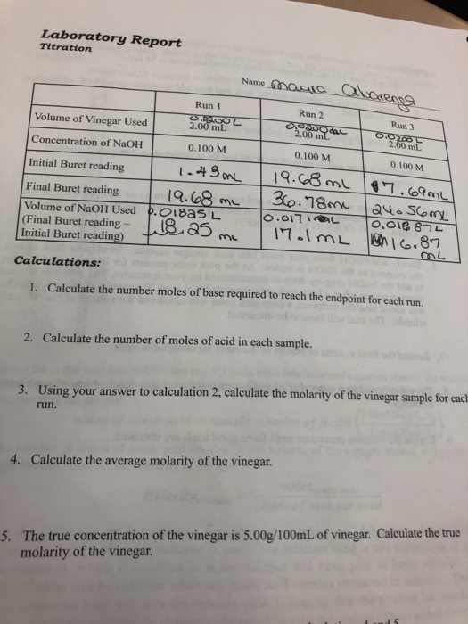 Laboratory Report Titration Name our Queens Run 2 Run 1 Volume of Vinegar Used Concentration of NaOH 0.100 M Initial Buret re