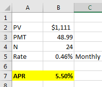 2 PV 3 PMT 48.99 24 5 Rate 0.46% Monthly 7 APR 5.50%