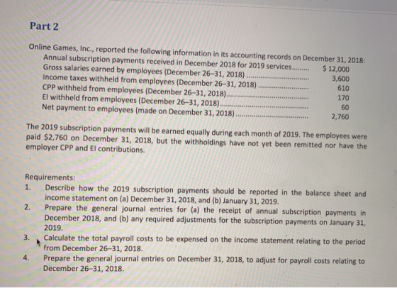 Part 2 Online Games, Inc., reported the following information in its accounting records on December 31, 2018: Annual subscrip