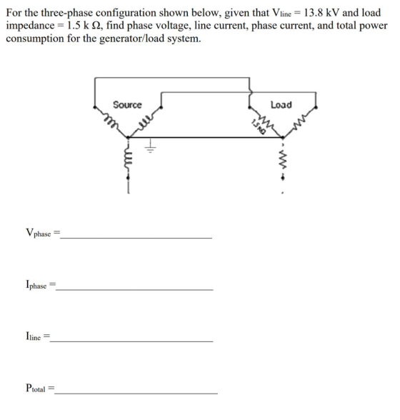 For the three-phase configuration shown below, given that Vline 13.8 kV and load impedance 1.5 k Ω, find phase voltage, line