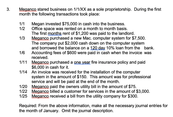 3. Meganco stared business on 1/1/XX as a sole proprietorship. During the first month the following transactions took place: