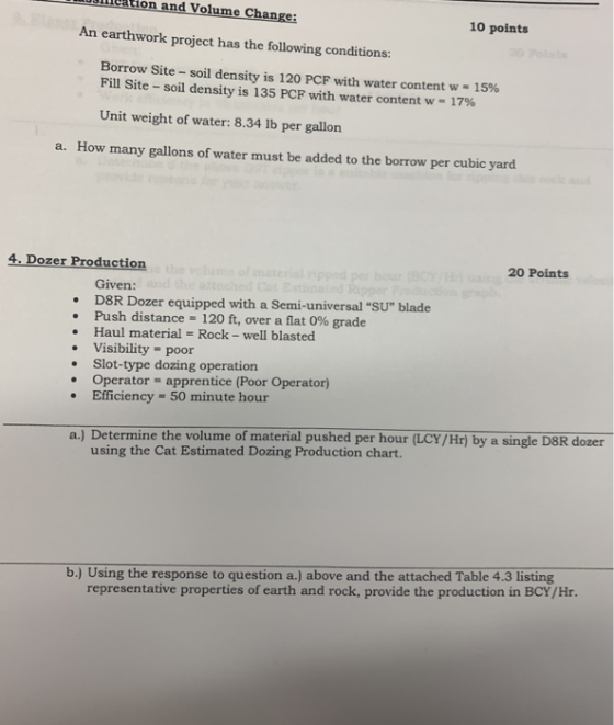 on and Volume Change: 10 points An earthwork project has the following conditions: Borrow Site -soil density is 120 PCF with