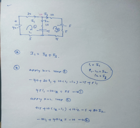 Empat sy I, = H I2 + I3. apply KvL loop ③ s-82=I2 - 40 + 304, & loco, -in) - 15 455 458,-10ig = 55 ① apply kve loop tis + 10
