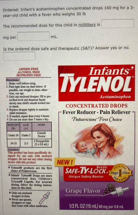 Ordered: Infants acetaminophen concentrated drops 160 mg for a 3- year-old child with a fever who weighs 30 lb The recommend