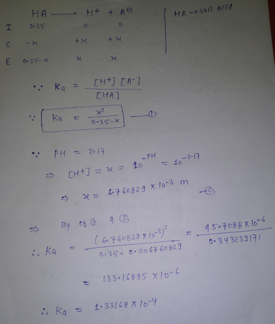 H+ I HA Uric Acid HA 0.35 + AG o tu ta E 0.35-1 Ka= [H+] [A-] CHA 1² 6035-* • PH = 2017 - PH 10 = 10-2017 [H+] = x = 3) 2=