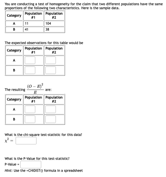 You are conducting a test of homogeneity for the claim that two different populations have the same proportions of the follow