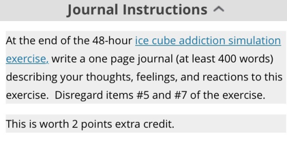 Journal Instructions At the end of the 48-hour ice cube addiction simulation exercise, write a one page journal (at least 400