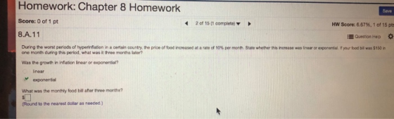 Homework: Chapter 8 Homework Score: 0 of 1 pt 2 of 15 11 complete HW Score: 6.67%, 1 of 15 pt 8.A.11 Question Help During the