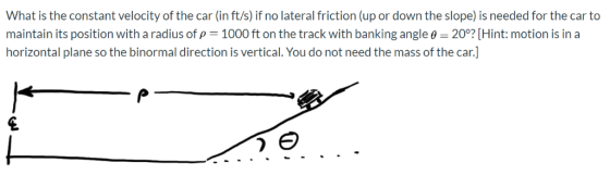What is the constant velocity of the car (in ft/s) if no lateral friction (up or down the slope) is needed for the car to mai