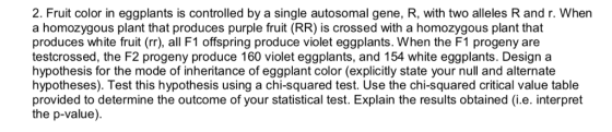 2. Fruit color in eggplants is controlled by a single autosomal gene, R, with two alleles R and r. When a homozygous plant that produces purple fruit (RR) is crossed with a homozygous plant that produces white fruit (rr), all F1 offspring produce violet eggplants. When the F1 progeny are testcrossed, the F2 progeny produce 160 violet eggplants, and 154 white eggplants. Design a hypothesis for the mode of inheritance of eggplant color (explicitly state your null and alternate hypotheses). Test this hypothesis using a chi-squared test. Use the chi-squared critical value table provided to determine the outcome of your statistical test. Explain the results obtained (i.e. interpret the p-value).