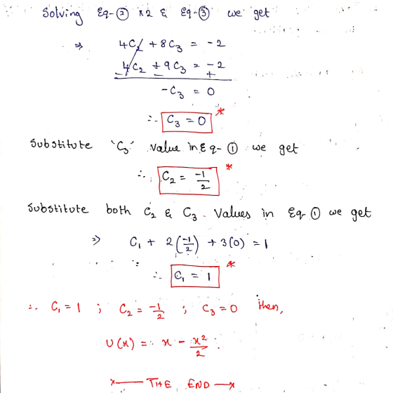 Solving Eq- ③ 12 & 89-65 we get 40% +8 63 2 402 .9 Cz + -CZ . C3 =0 substitute Ig? value in & q- ④ we get * C2= -1 substitut