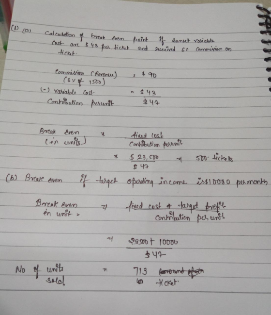 ( Calculation o break Even Cost $43 pes ticket ticket. point and if sunset variable received 67. Commission on Commission C R