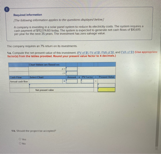 Required information [The following information applies to the questions displayed below) A company is investing in a solar p