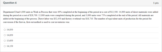Question 6 1 pts Department E had 4.000 units in Work in Process that were 40% completed at the beginning of the period at a