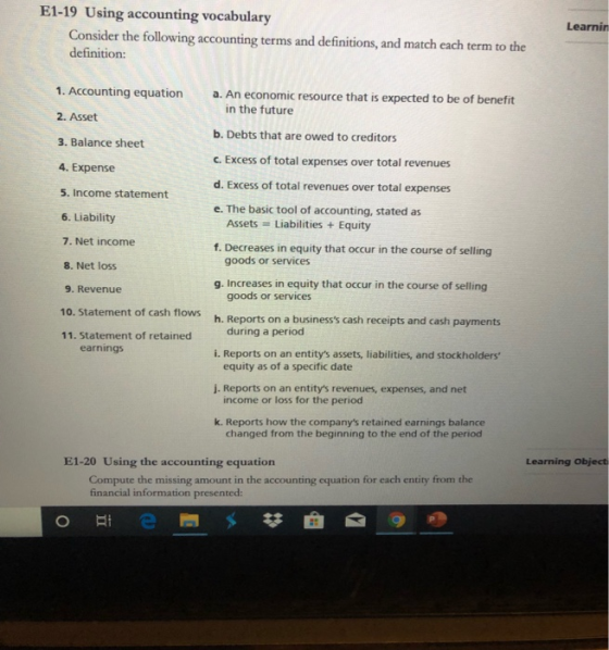 E1-19 Using accounting vocabulary Consider the following accounting terms and definitions, and match each term to the definit