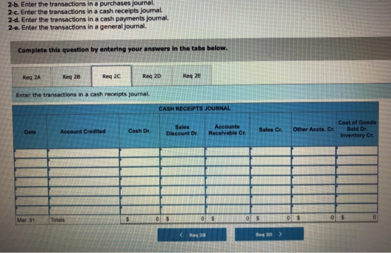 2-b. Enter the transactions in a purchases journal. 2-c. Enter the transactions in a cash receipts journal. 2-d. Enter the tr