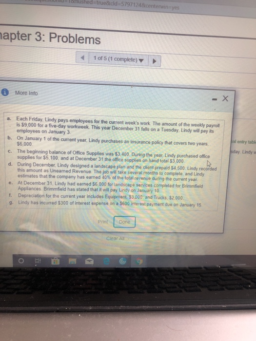 U nushed=true&cid=57971248 centerwineyes hapter 3: Problems 1 of 5 (1 complete) 0 More Info al entry table sday. Lindy a. Eac
