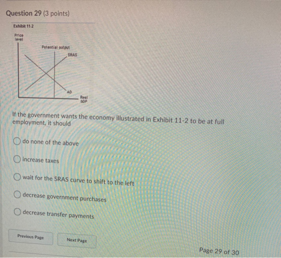 Question 29 (3 points) Exhibit 11-2 Price lovel Potential output SRAS BOP If the government wants the economy illustrated in