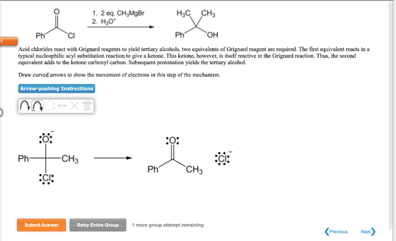 1. 2 eq. CH3MgBr 2. H30+ HzC CH3 Pho Ph OH Acid chlorides react with Grignard reagents to yield tertiary alcohols, two equiva