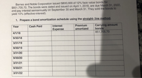 Barnes and Noble Corporation issued $800,000 of 12% face value bonds for $851,705.70. The bonds were dated and issued on April 1,2018, are due March 31, 2022 and pay interest semiannually on September 30 and March 31. They sold the bonds to yield 10% (effective-interest) 1. Prepare a bond amortization schedule using the straight- line method. Cash PaidInterest Expense Carrying amount Premium amortized bonds Year 851,705.70 9/30/18 3/31/19 9/30/19 3/31/20 9/30/20 3/31/21 9/30/21 3/31/22