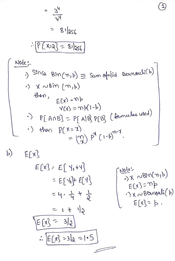 प = 811a56 ::(P (X=2] = 811256) Note: .) Since Bin (m, b) = Sum ofnid Bernoulilb) || 2 X N Bim (m,b) then, F(x) =n! VCx) = MH