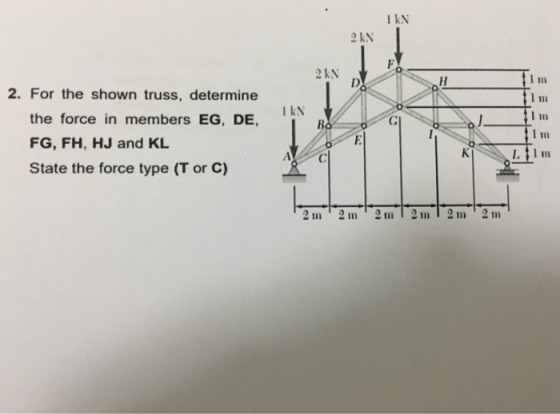 I kN 2 kN 2 KN 2. For the shown truss, determine 1 kN the force in members EG, DE, FG, FH, HJ and KL State the force type (T or C) I m Im in