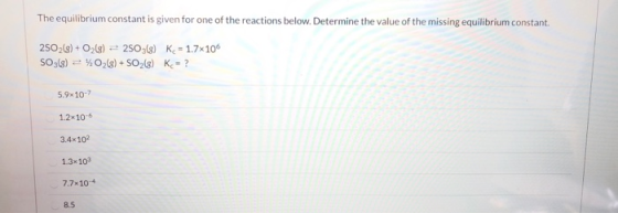 The equilibrium constant is given for one of the reactions below. Determine the value of the missing equilibrium constant. 25
