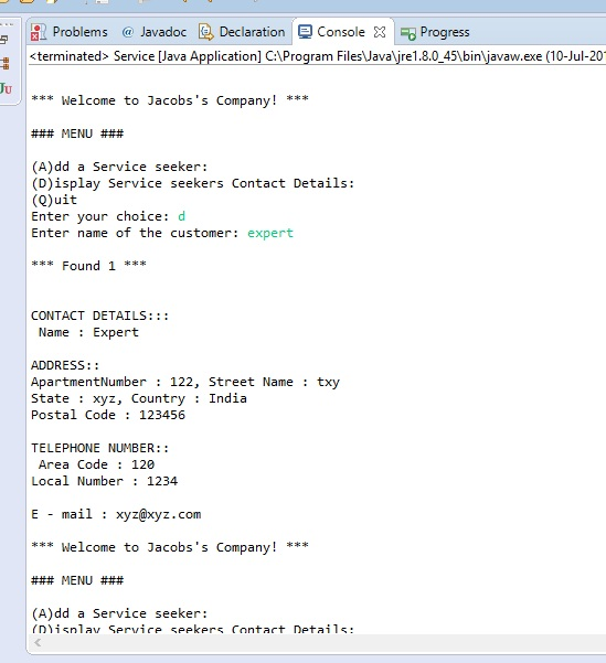 8: Problems @Javadoc 다 Declaration貝Console X | Progress <terminated> Service [Java Application] C:\Program Filesavare1.8.0_45