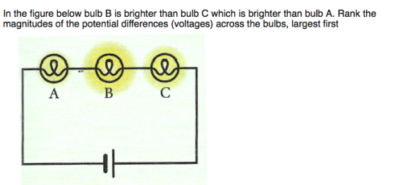In the figure below bulb B is brighter than bulb C which is brighter than bulb A. Rank the magnitudes of the potential differ