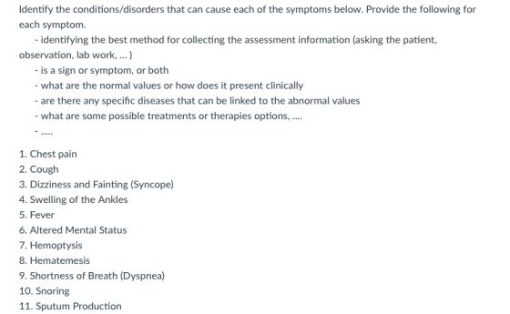 ldentify the conditions/disorders that can cause each of the symptoms below. Provide the following for each symptom identifyi