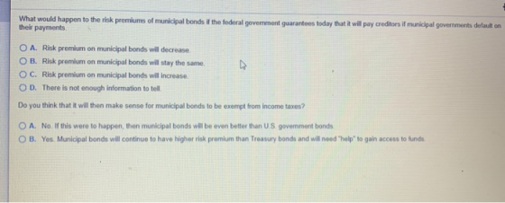 What would happen to the risk premiums of municipal bonds if the federal government guarantees today that it will pay credito
