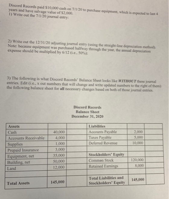 Discord Records paid $10,000 cash on 7/1/20 to purchase equipment, which is expected to last 4 years and have salvage value o