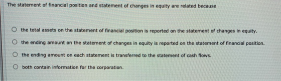 The statement of financial position and statement of changes in equity are related because O the total assets on the statemen