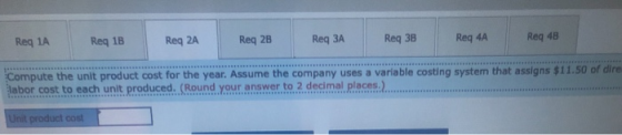 Req 1A Req 1B Req 2A Reg 28 Req 3A Reg 38 Req 4A Req 48 Compute the unit product cost for the year. Assume the company uses a
