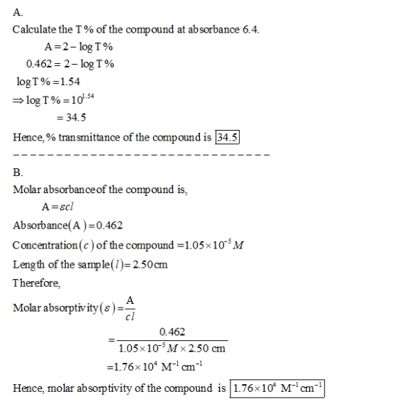 A. Calculate the T % of the compound at absorbance 6.4 A-2-log T% 0.462 2- log T% log T 90 = 1.54 1054 -34.5 log T % Hence, % transmittance of the compound is 134.5 Molar absorbanceof the compound is, A-ecl Absorbance(A) 0.462 C oncentration ( c ) of the compound = 1.05 × 1。2V Length of the sample() 2.50cm Therefore, Molar absorptivity(e ) cl 0.462 1.05x 10-)M 2.50 cm -1.76x 104 M1 cm1 Hence, molar absorptivity of the compound is 1.76x10f M cm1