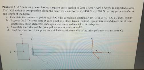 Problem 1: A 50cm long beam having a square cross-section of 2cm x 3em iwidth x height is subjected a force P-1 KN acting in