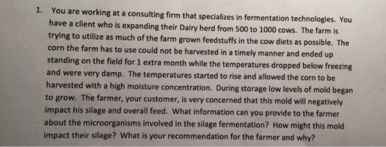 1. You are working at a consulting firm that specializes in fermentation technologies. You have a client who is expanding their Dairy herd from 500 to 1000 cows. The farm is trying to utilize as much of the farm grown feedstuffs in the cow diets as possible. The corn the farm has to use could not be harvested in a timely manner and ended up standing on the field for 1 extra month while the temperatures dropped below freezing and were very damp. The temperatures s to rise and allowed the corn to be harvested with a high moisture concentration. During storage low levels of mold began to grow. The farmer, your customer, is very concerned that this mold will negatively impact his silage and overall feed. What information can you provide to the farmer about the microorganisms involved in the silage fermentation? How might this mold impact their silage? What is your recommendation for the farmer and why?