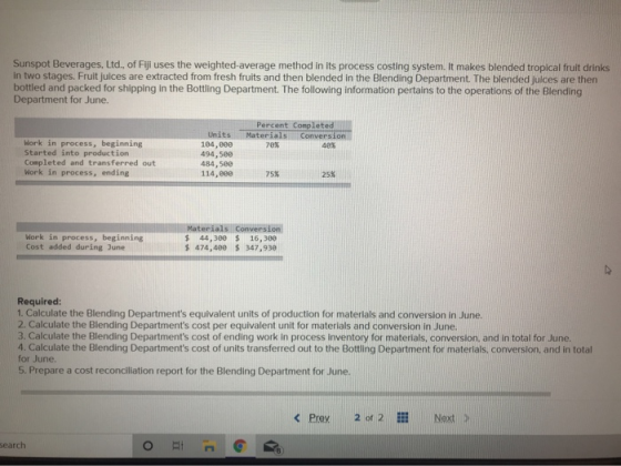 Sunspot Beverages, Ltd., of Fiji uses the weighted average method in its process costing system. It makes blended tropical fr