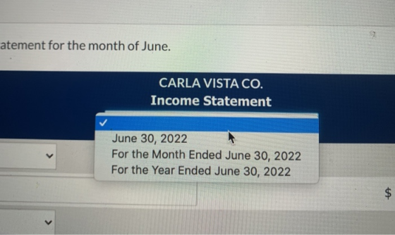 atement for the month of June. CARLA VISTA CO. Income Statement June 30, 2022 For the Month Ended June 30, 2022 For the Year
