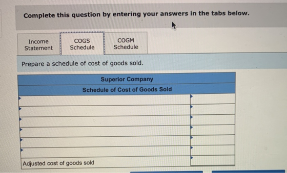 Complete this question by entering your answers in the tabs below. Income Statement COGS Schedule COGM Schedule Prepare a sch