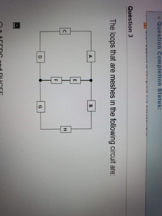 Question Completion Status: Question 3 The loops that are meshes in the following circuit are: Ancond RUCE