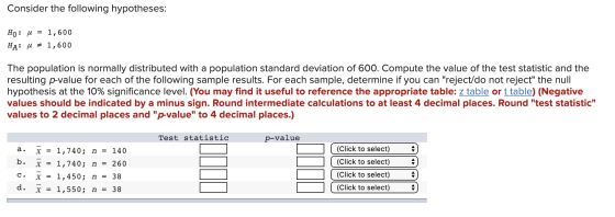 Consider the following hypotheses: | Ho: u = 1,600 HA: u 7 1,600 The population is normally distributed with a population sta