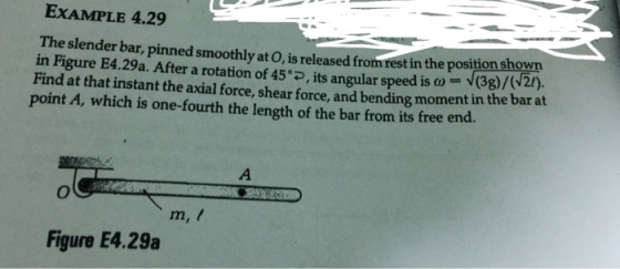 EXAMPLE 4.29 The slender bar, pinned smoothly at O, is released from rest in the position showr in Figure E4.29a. After a rotation of 45°, its angular speed is (3g)/(2/). Find at that instant the axial force, shear force, and bending moment in the bar at point A, which is one-fourth the length of the bar from its free end. m, t Figure E429a