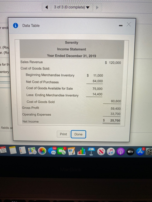 3 of 3 (0 complete) 0 rend Data Table - (Roy ur. (Rol e forth entory Serenity Income Statement Year Ended December 31, 2019 S