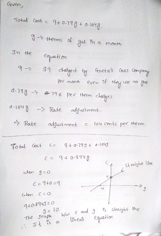Given/ Total Cast a1 .lo1 theims of gas in a month Tn the eara tion per month even if tte se noeg 6 118-1d per them clages σ.Lou°1 --> Rate adfust ment . うTate adjustment - to 4 cents per therm. Total Cost C0 793 s loug st Yaight She lo The Yaph blu c and 9s Sbaight me t a neas equation g- 10