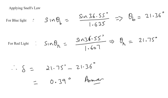 Applying Snells Law For Bluelight : Sino - Sin36.55° => 06 = 21.36° 1.635 Sin36-55 For Red Light : sing- sino - >> = 21.750