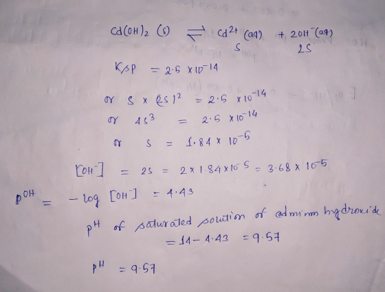 Ca(OH)2 (8) Cd2+ (aq) + 2014 (as) 25 KSP = 2.5x10-14 or sxes 12 = 2.5 x 10-14 of 453 = 2.5x 10-14 ♡ S = 1184 x 10-5 [OH- ] =