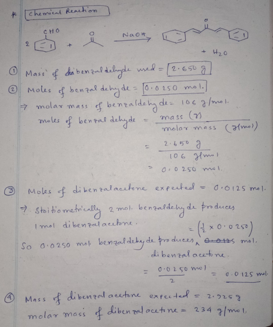 # Chemical Reaction CHO Naot of 2. + H₂O Moles benzal of Mass of the benzaldehyde used= [2.650 g dehyde = molar mass of benza
