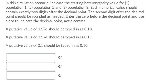In this simulation scenario, indicate the starting heterozygosity value for (1) population 1, (2) population 2 and (3) popula